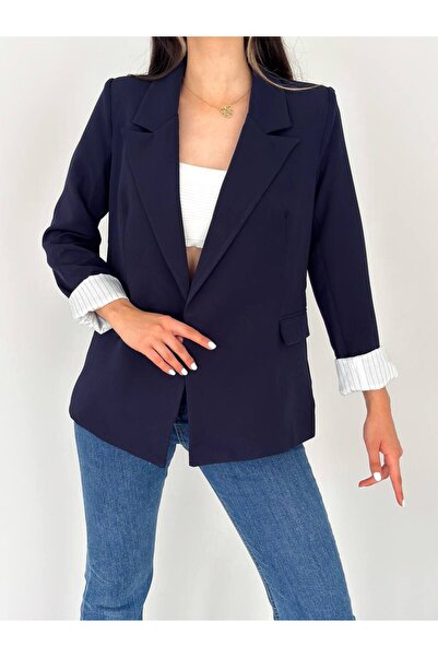 buqre's moda Double-Breasted Collar Buttonless Pocket Lining Striped Foldable...