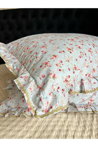 ToffyStore 100% Cotton 2-Piece Vintage Flowered Blue Ruffled Pillowcase