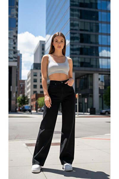 comfort jeans Μαύρο ελαστικό παντελόνι Palazzo Jean από Lycra