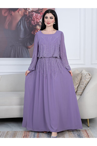 TREN Purple Georgette Maxi Dress Long Sleeve Embellished Evening Gown Modest ...