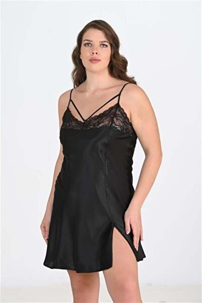 Aria's Closet قميص نوم أسود مطرز بالدانتيل الساتان من أرياس كلوست بمقاس كبير