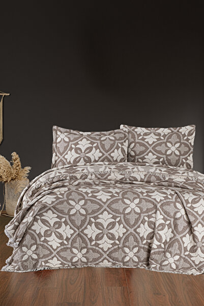 First Choice Pando %100 Pamuk 6 Katlı Yatak Örtüsü + Yastık Seti Kahve