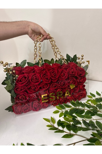 sbcceyiz Büyük boy Hediyelik kişiye özel isimli Pleksi çantalı çiçek aranjman