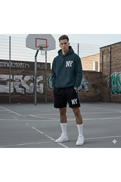 ALİ.COM Unisex Ny Printed 2-Piece Set Sweatshirt-Shorts Set Oversized Hooded ...