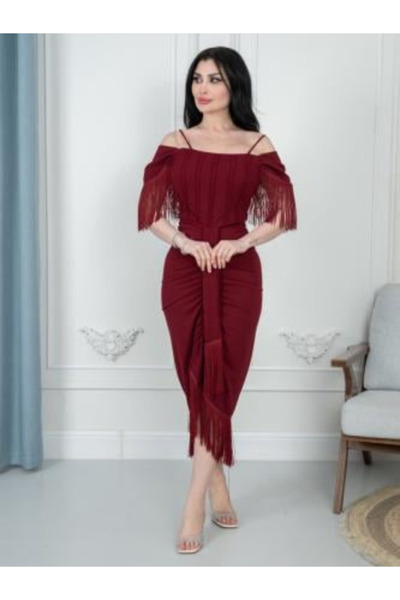 TREN Burgundy Off Shoulder Fringe Dress with Belt | Elegant Fitted Evening Go...