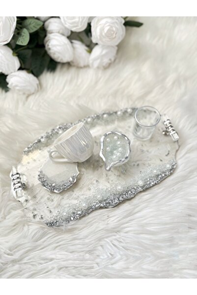 RESİNARTSHOP Epoksi Tepsi Şeffaf & Gümüş & İncili Damat Tepsi Seti büyük boy