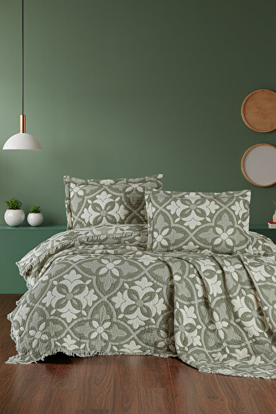 First Choice Pando %100 Pamuk 6 Katlı Yatak Örtüsü + Yastık Seti Yeşil