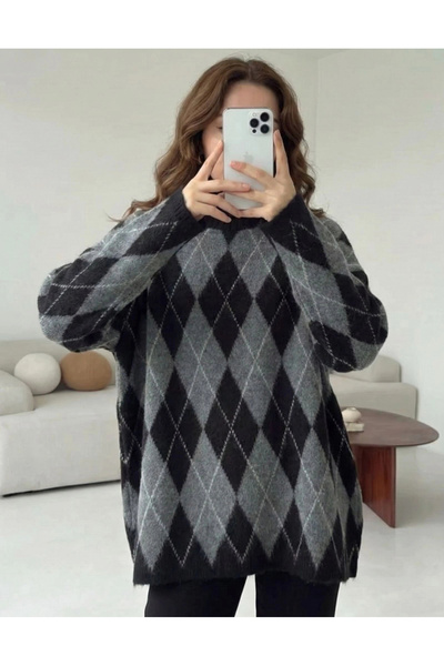 MetuCA Women's Black Gray Argyle Patterned Crew Neck Oversized Soft Textured ...