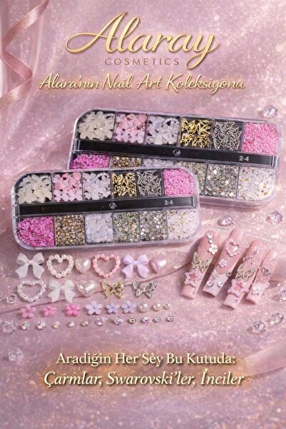 alaraycosmetics Nail Art Tasarım Seti 12 Gözlü – Charmlar, Işıltılı Taşlar ve...