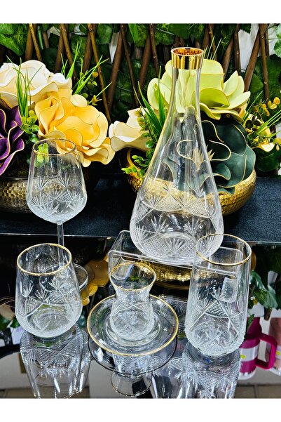 EVRA 61 Parça Cam Sofra Altın Yaldızlı Sunum Çeyiz Seti Su Bardak Takımı Kesm...