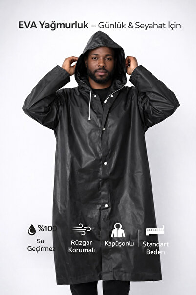 Eco Lounge Water and Windproof Black Eva Raincoat with Hooded Snaps for Adult...