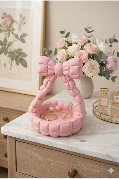 ceatly Dekoratif Fiyonklu Puf Takı Kutusu - Pembe Yüzük ve Küpe Düzenleyici O...