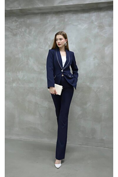 buqre's moda Women's Collar Stone Pearl Button B Piped Suit