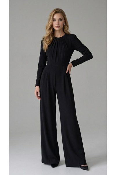 PEARL Siyah Uzun Tulum – Pile Detaylı, Bel Vurgulu ve Zayıf Gösteren Şık Tasarım