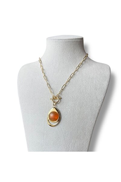 Bast Minimal T-Toka Detaylı Modern Retro Damla Kolye - Mermer ve Amber-Amber/...