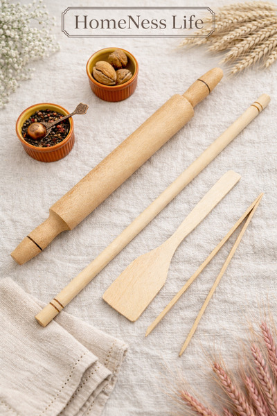 HOMENESS 4 Parça Ahşap Mutfak Gereçleri Seti – Oklava Merdane Spatula Maşa