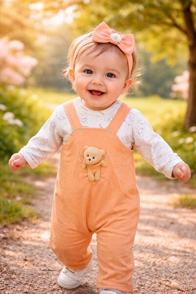 Babies Kız Bebek Salopet Takımı Ayıcıklı %100 Pamuk – Uzun Kollu Bodyli Şık v...