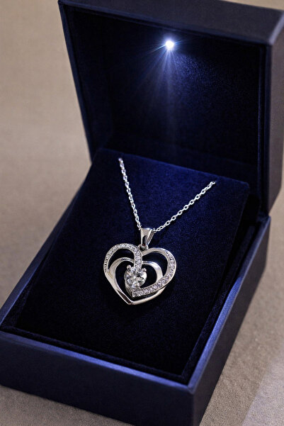 Siset Gümüş 925 Ayar Çift Kalpli Işıklı Kutuda Gümüş Aşk Kolyesi