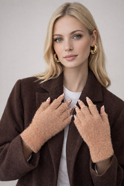 Şirin Giyim Aksesuar Plush Soft Women's Gloves Beige - Cut Half Finger