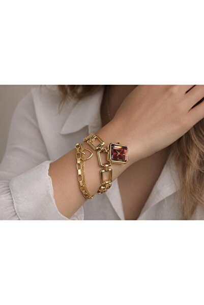 SEES AKSESUAR Kadın Gold Kare Kırmızı Kadran Kol Saati & Çift Zincir Bileklik...