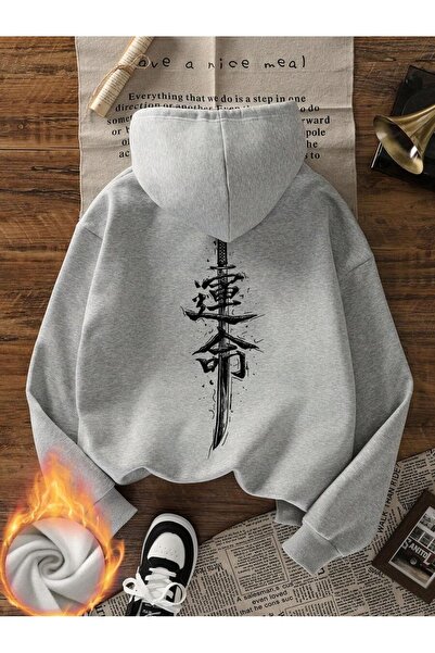 OVER HEAD سويت شيرت هوديي كبير الحجم من ساموراي جراي ستايل مطبوع 3 Thread