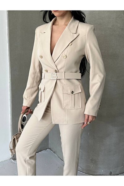 buqre's moda Women's Gold Button Belt Buckle Blazer Jacket Pants Suit