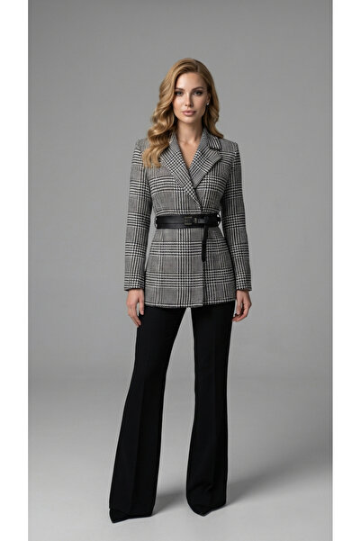 PEARL Kemerli Kruvaze Ekose Blazer ve Siyah İspanyol Paça Pantolon Kadın Takım