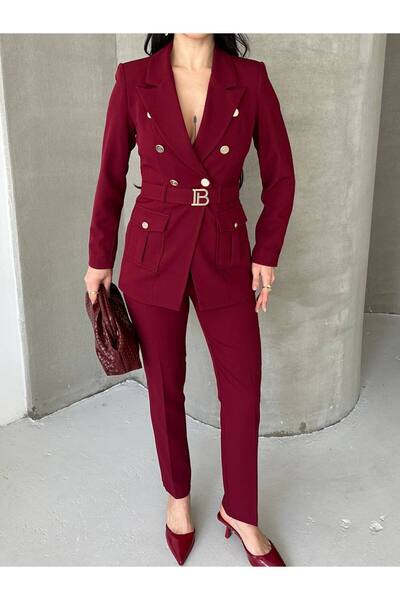 buqre's moda Women's Gold Button Belt Buckle Blazer Jacket Pants Suit