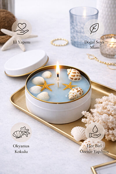 Flow Home Dekoratif Lüks Soya Mum,El Yapımı Doğal Mum,Desenli Deniz Kabuğu Ev...