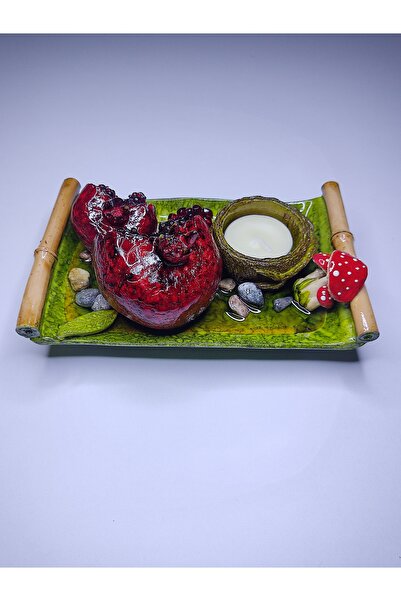 DNC Art&Deco Bambu Detaylı Nar Objeli Bereket Mumluğu - 17x11 cm El Yapımı De...