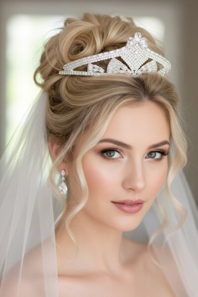 CAŞ DEKORASYON تاج زفاف من حجر الزركون مع نقش 'الوعد'