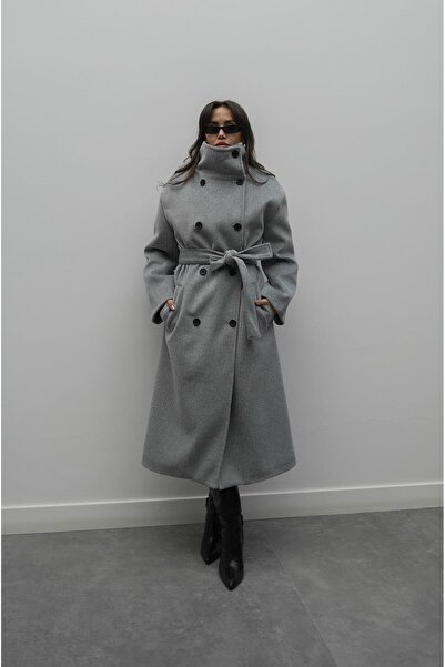 Havoş Gri Lecce Dik Yaka Kuşaklı Kaban