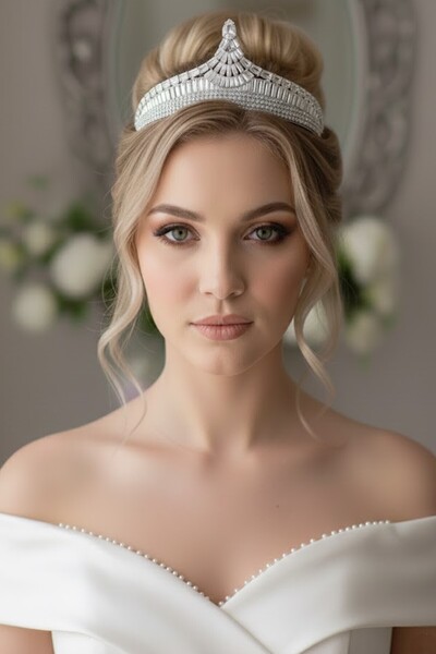 CAŞ DEKORASYON تاج زفاف من حجر الزركون مع نقش 'الوعد'