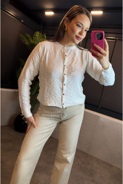 MİR STORE White Wrinkled Short Knit Cardigan