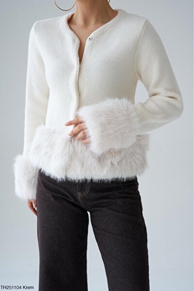 CADDELAMODA Fur Detailed Snap Button Cardigan