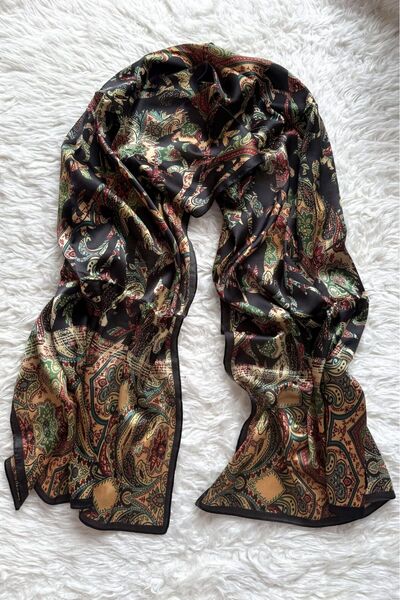 PİRAMİT Vual Silk Shawl Ethnic Pattern Black