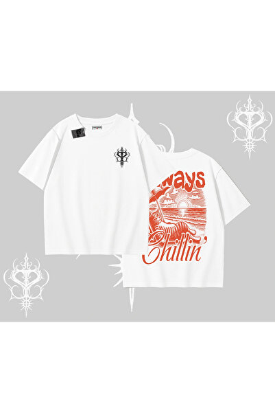 Tarzsokak Always Chillin Cat Back Printed Oversized Tshirt