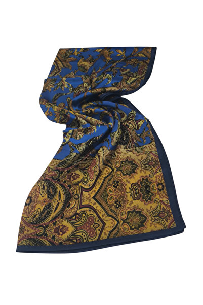 PİRAMİT Vual Silk Shawl Ethnic Pattern Sa Cobalt Avi Gold