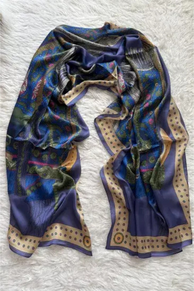 PİRAMİT Vual Silk Shawl Ethnic Pattern Denim Blue