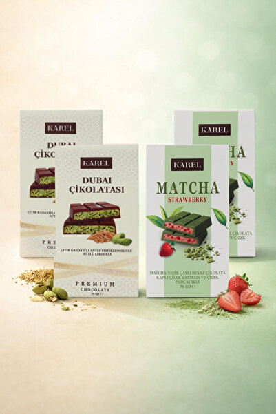 Karel Çikolata Matcha-Çilek 75 gr. ve Dubai Çikolatası 75 gr. 4'lü Set