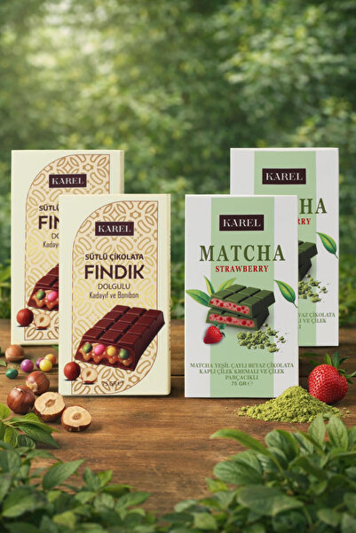 Karel Çikolata Matcha-Çilek 75 gr. ve Fındık-Bonibon 75 gr. 4'lü Set