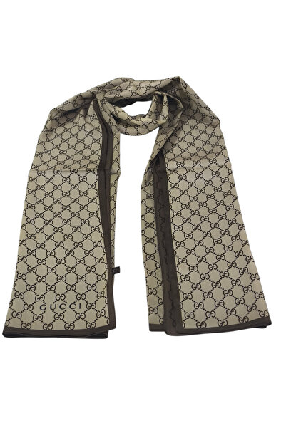 PİRAMİT Vual Silk Shawl Logo Pattern Brown Cream