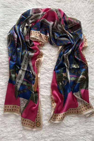 PİRAMİT شال حرير فوال بنمط عرقي باللون الوردي الفوشيا