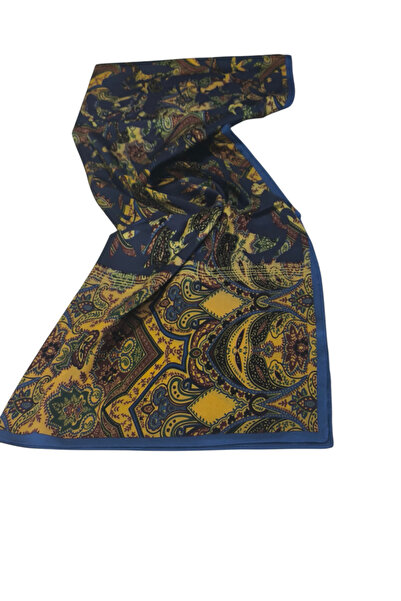 PİRAMİT Vual Silk Shawl Ethnic Pattern Navy Blue Gold