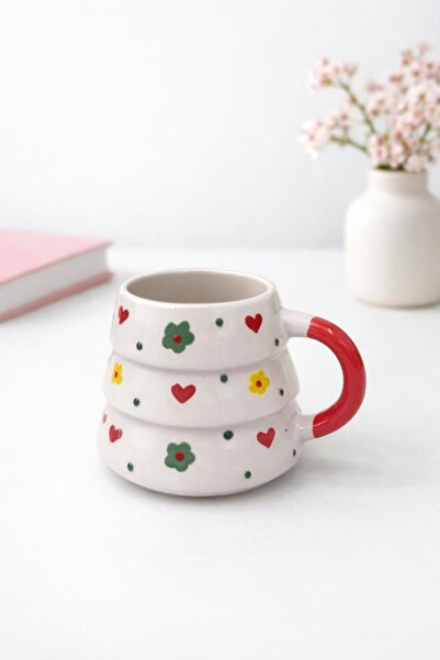 SeraCEY Kalp Ve Çiçek Desenli El İşlemeli Özel Tasarım El Yapımı Seramik Kupa