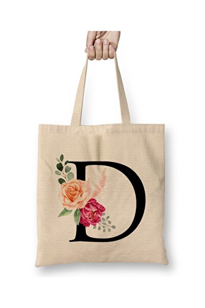 Toyaso Letter D White Cloth Bag Long Handle Shopping Bag Beach Bag
