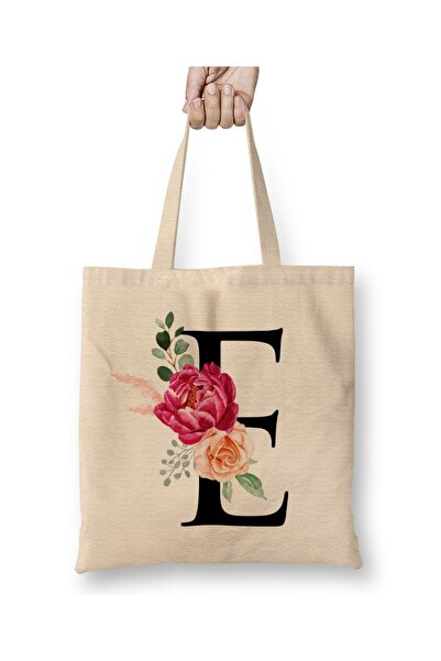 Toyaso Letter E White Cloth Bag Long Handle Shopping Bag Beach Bag