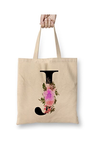Toyaso Letter J White Cloth Bag Long Handle Shopping Bag Beach Bag