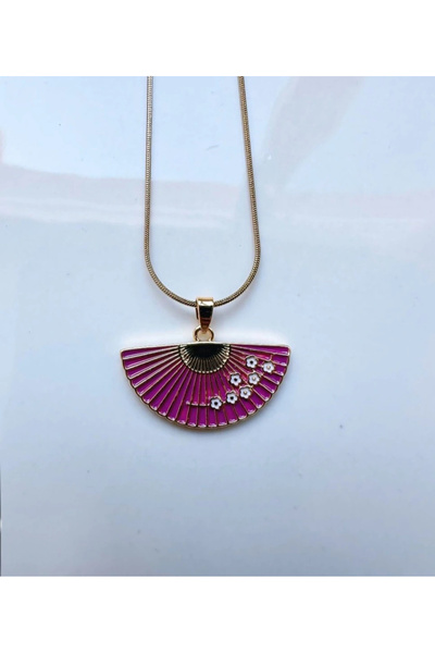 naaksesuar Fan Model Fuchsia Colored Steel Necklace