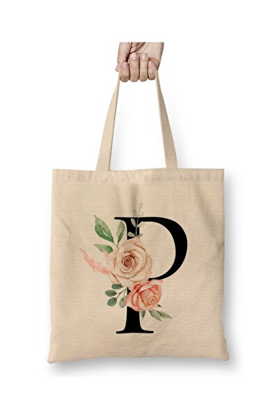 Toyaso Letter P White Cloth Bag Long Handle Shopping Bag Beach Bag